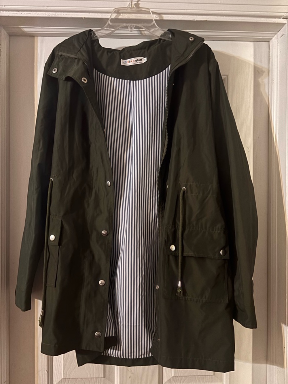 Dark Olive Hooded Rain Jacket with Striped Lining